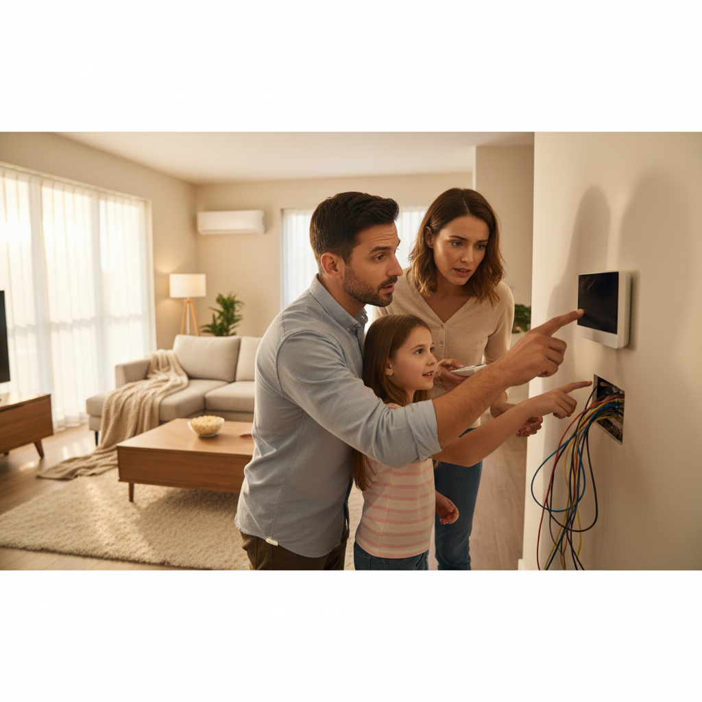 Create a realistic, high-quality image that matches the topic of the blog. DO NOT generate: families sitting on couches people pointing at thermostats staged conversations inside homes Instead, prioritize: close-up of thermostat screen blank or unresponsive thermostat wiring exposed (safe visual, not dangerous) technician checking thermostat with tools modern thermostat mounted on wall with subtle lighting Style should be: realistic (not overly staged) slightly cinematic lighting clean, professional, and trustworthy no exaggerated emotions or fake smiling The image should feel like: “real troubleshooting moment” —not a stock photo.