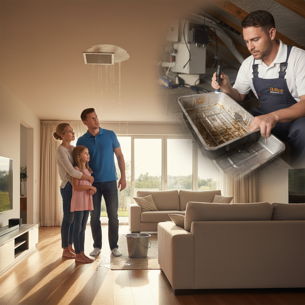 Create a realistic, high-quality image that matches the topic of the blog. DO NOT generate: families sitting on couches people pointing at thermostats staged conversations inside homes Instead, prioritize: AC drain line PVC pipe with water dripping clogged condensate line with algae buildup technician clearing drain line with wet vac or tool close-up of condensate pan with water Style should be: realistic (not overly staged) slightly cinematic lighting clean, professional, and trustworthy no exaggerated emotions or fake smiling The image should feel like: “real maintenance or issue in progress” —not a stock photo.