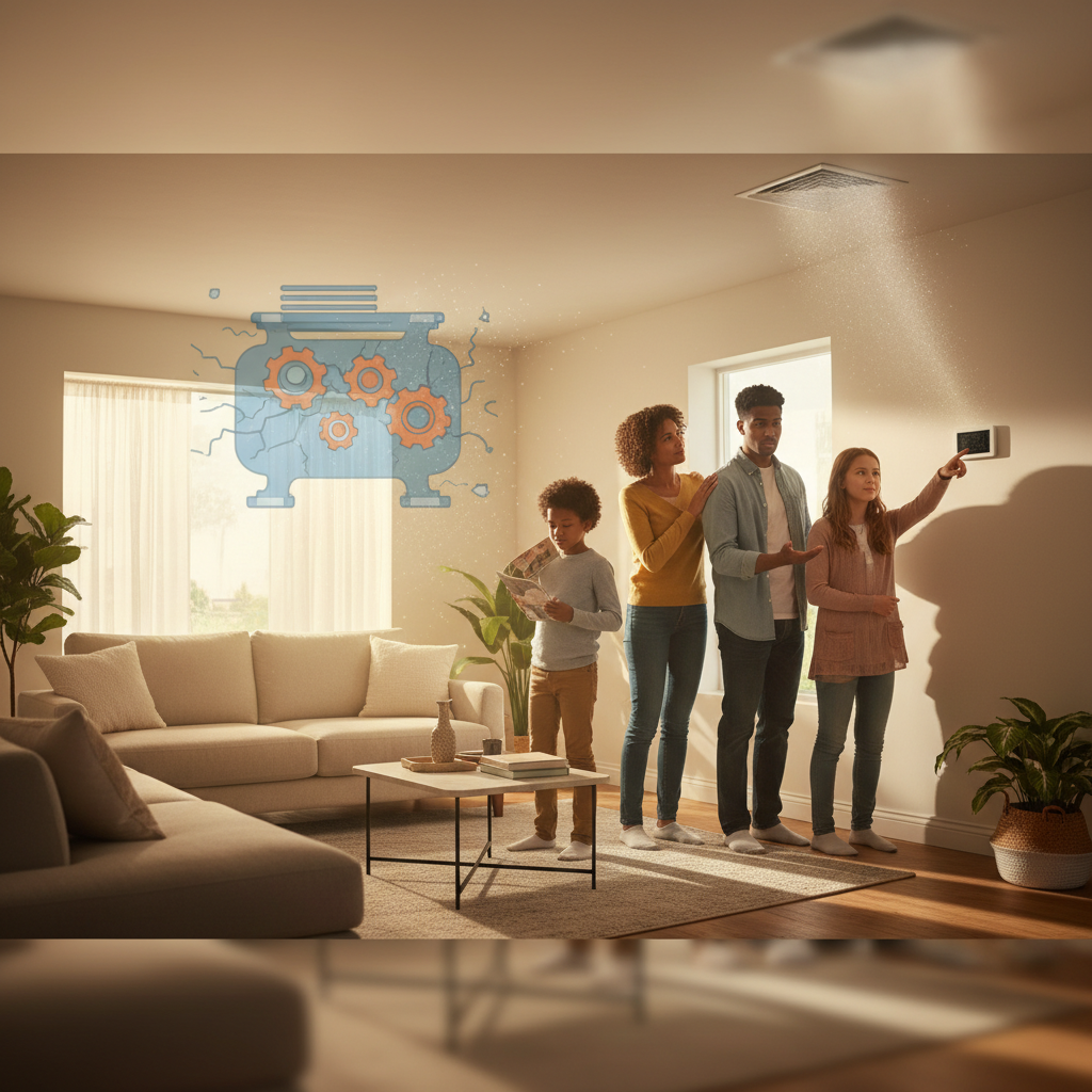Create a realistic, high-quality image that matches the topic of the blog. DO NOT generate: families sitting on couches people pointing at thermostats staged conversations inside homes Instead, prioritize: close-up of outdoor AC compressor unit technician testing compressor with gauges electrical components inside condenser worn or damaged compressor components Style should be: realistic (not overly staged) slightly cinematic lighting clean, professional, and trustworthy no exaggerated emotions or fake smiling The image should feel like: “real diagnostic or mechanical detail” —not a stock photo.