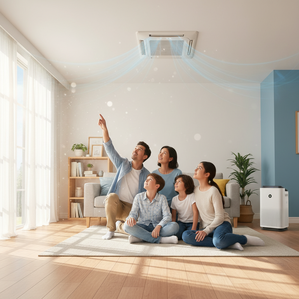 Create a realistic, high-quality image that matches the topic of the blog. DO NOT generate: families sitting on couches people pointing at thermostats staged conversations inside homes Instead, prioritize: air vent airflow (paper or tissue test) ductwork system in attic or basement technician adjusting vents airflow testing tools Style should be: realistic (not overly staged) slightly cinematic lighting clean, professional, and trustworthy no exaggerated emotions or fake smiling The image should feel like: “real airflow improvement scenario” —not a stock photo.