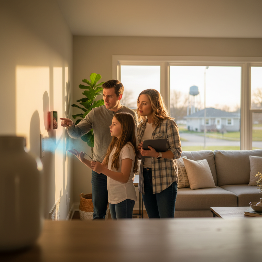 Create a realistic, high-quality image that matches the topic of the blog. DO NOT generate: families sitting on couches people pointing at thermostats staged conversations inside homes Instead, prioritize: thermostat cycling on/off outdoor AC unit starting/stopping technician diagnosing system system mid-cycle Style should be: realistic (not overly staged) slightly cinematic lighting clean, professional, and trustworthy no exaggerated emotions or fake smiling The image should feel like: “system cycling issue” —not a stock photo.