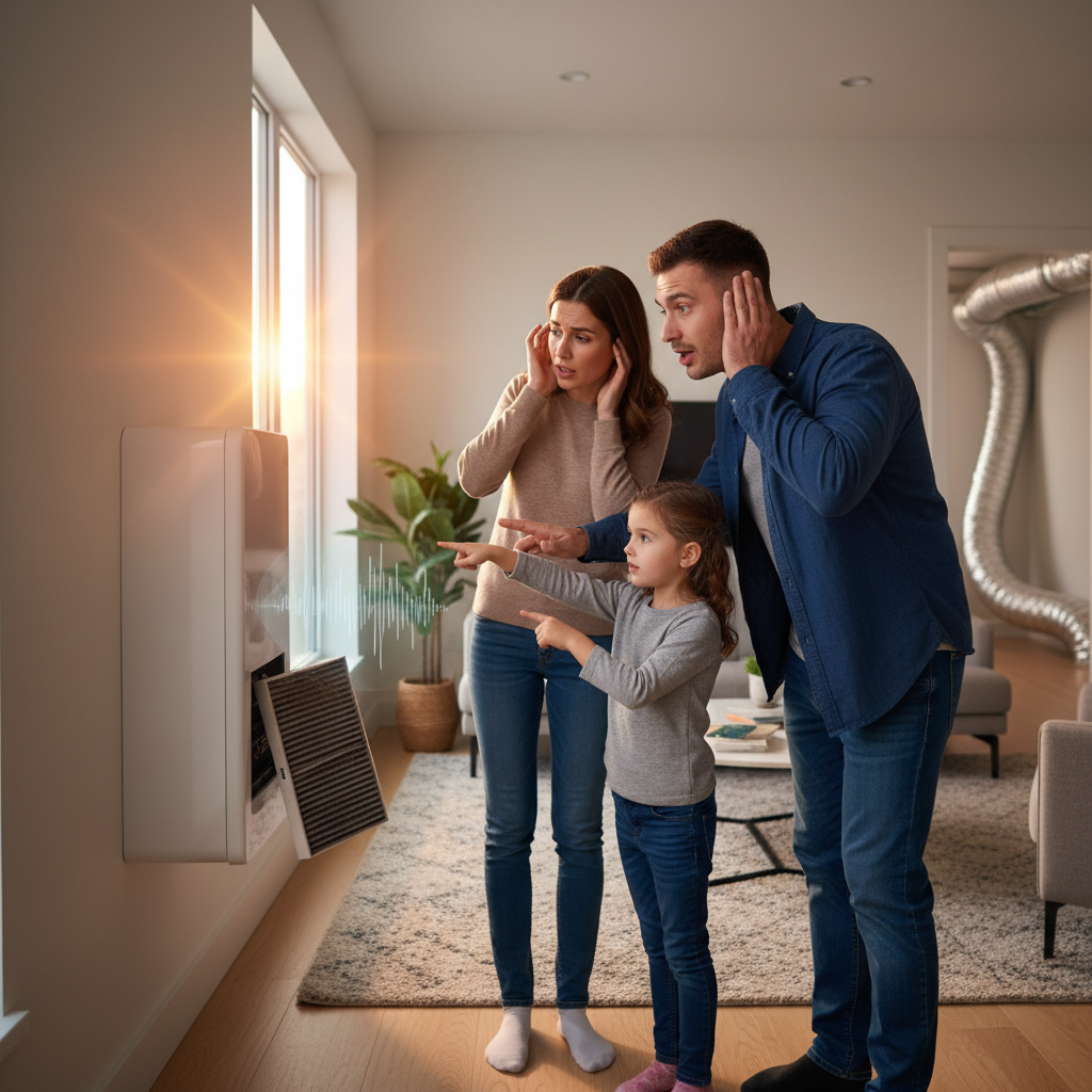 Create a realistic, high-quality image that matches the topic of the blog. DO NOT generate: families sitting on couches staged conversations Instead, prioritize: air vent with strong airflow noise duct leak or gap technician inspecting ductwork furnace airflow restriction Style should be: realistic clean, professional neutral lighting not staged The image should feel like: “real airflow noise issue” —not a stock photo.